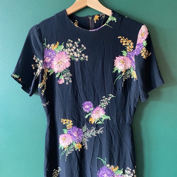 Vintage 40s 50s Rayon Dress Floral Print Navy Blue Small Medium - Picture 2 of 5